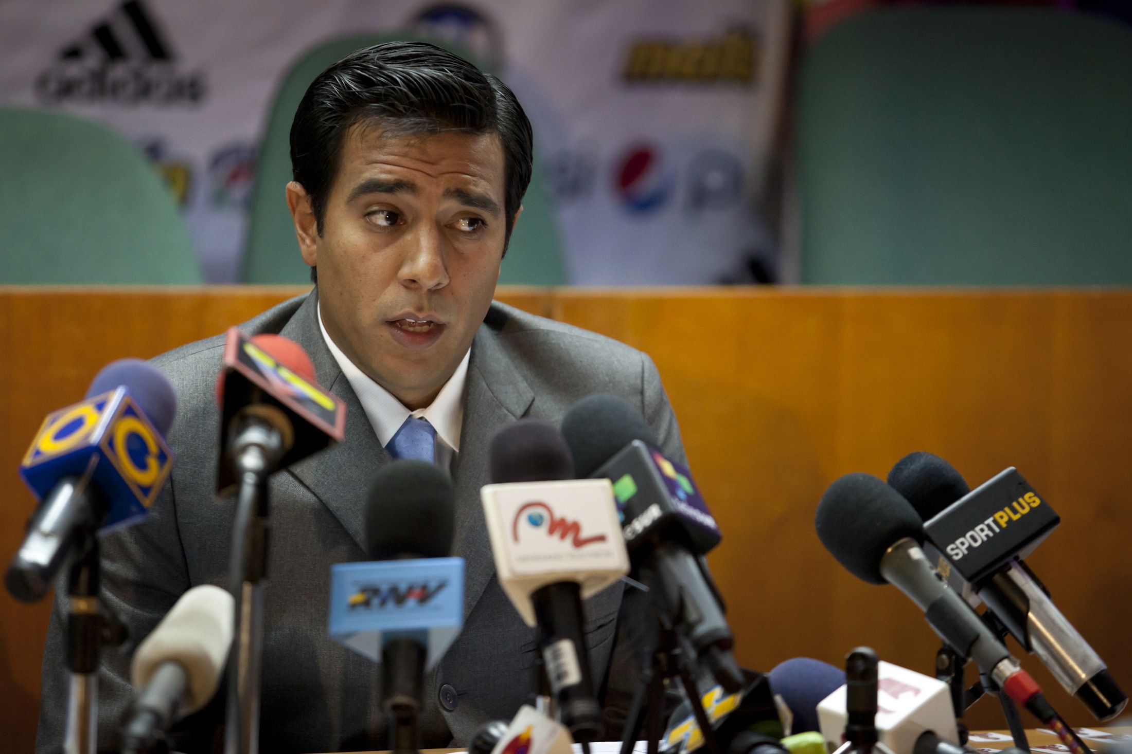 Venezuela's national soccer coach Cesar Farias talks to the media during a news conference about the 43rd Copa America soccer tournament preparations in Caracas