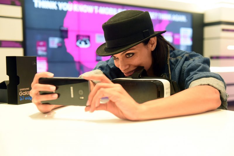 IMAGE DISTRIBUTED FOR T-MOBILE - Rosario Dawson takes a "selfie" at the T-Mobile Times Square Signature Store to help celebrate the launch of the Samsung Galaxy S7, Thursday, March 10, 2016, in New York. (Diane Bondareff/Invision for T-Mobile/AP Images) T-Mobile Reality Check