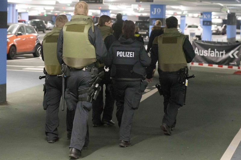 In this Dec. 22, 2016 photo police units walk through the parking lot of the shopping centre "Centro" in Oberhausen, Germany. Two men have been arrested in Duisburg on the suspicion of planning a terror attack on the shopping centre. (Arnulf Stoffel/dpa via AP)