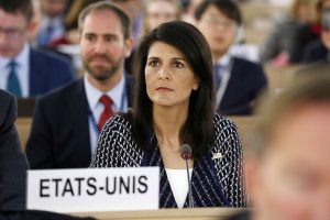 United States permanent Representative to the United Nations Ambassador Nikki Haley waits before delivering a speech about the current humanitarian situation in the world, during the opening of the 35th session of the Human Rights Council, at the European headquarters of the United Nations in Geneva, Switzerland, Tuesday, June 6, 2017. (Magali Girardin/Keystone via AP)